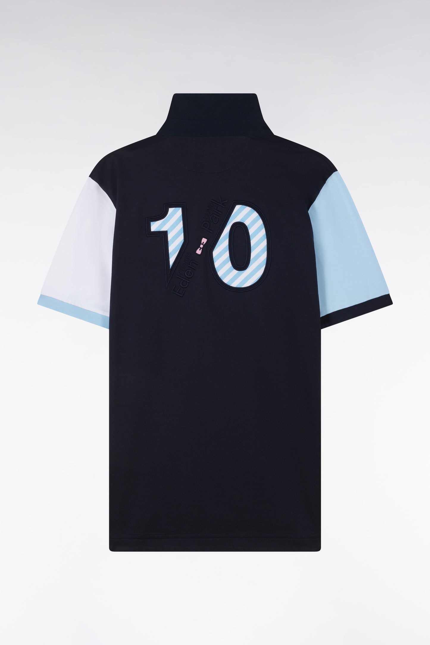 Short-sleeved rugby shirt in navy cotton jersey with two-tone sleeves