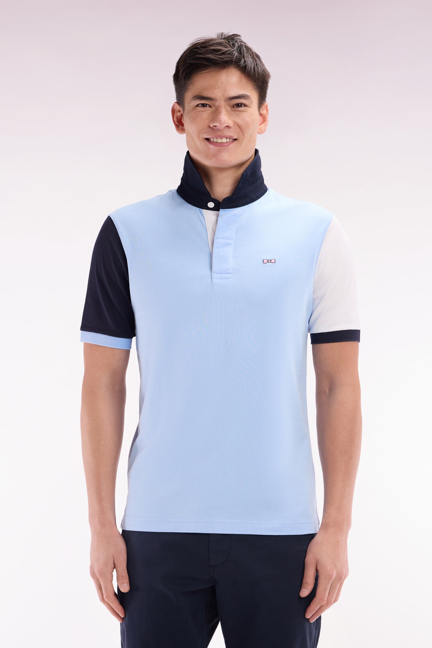 Short-sleeved rugby shirt in sky blue cotton jersey with two-tone sleeves