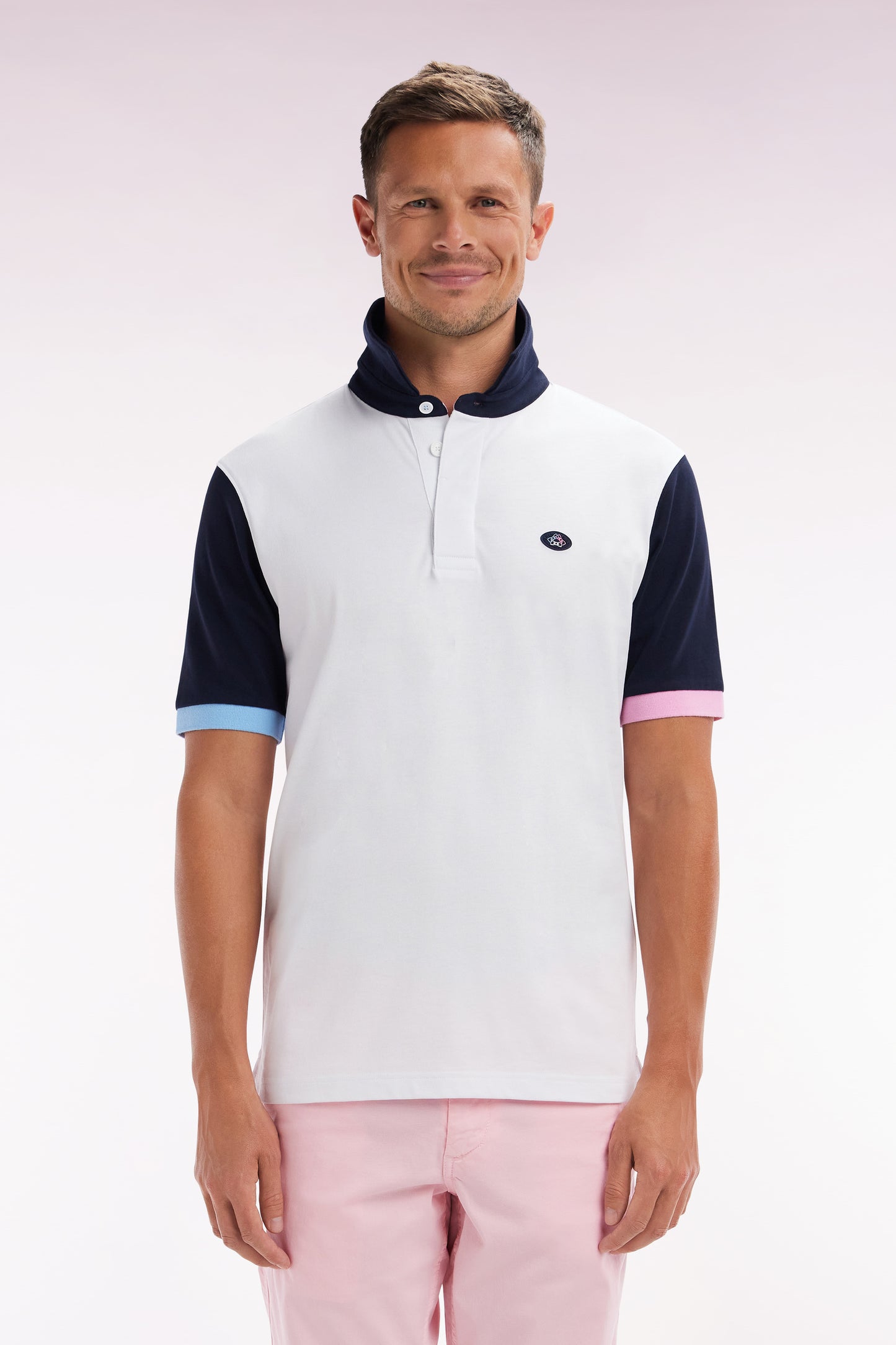 Short-sleeved rugby shirt in white cotton jersey with back embroidery
