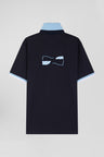 Straight-cut short-sleeved rugby shirt in navy cotton jersey with bow tie embroidery