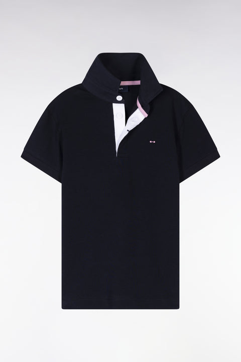 Maillot à manches courtes en coton marine dos brodé coupe droite - Image 1
