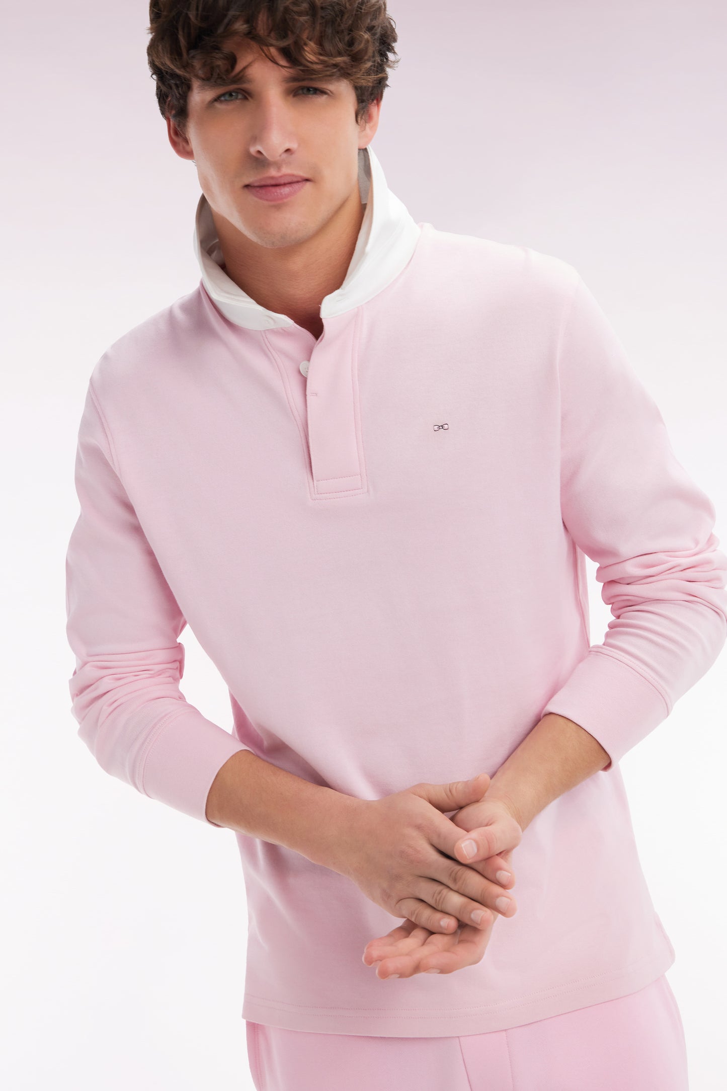 Straight-cut pink Pima cotton long-sleeved rugby shirt