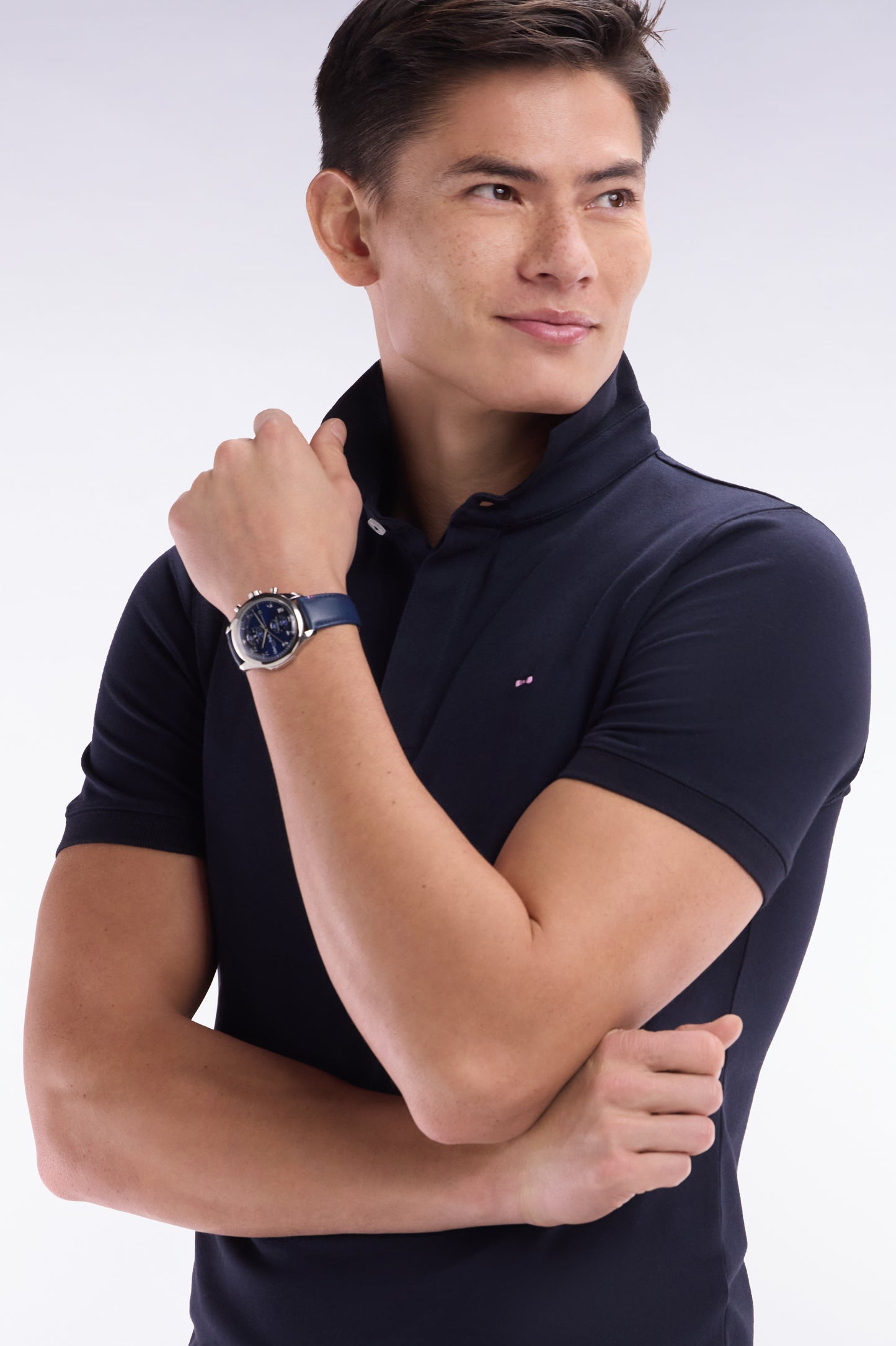 Slim-fit short-sleeved polo shirt in navy stretch cotton piqué