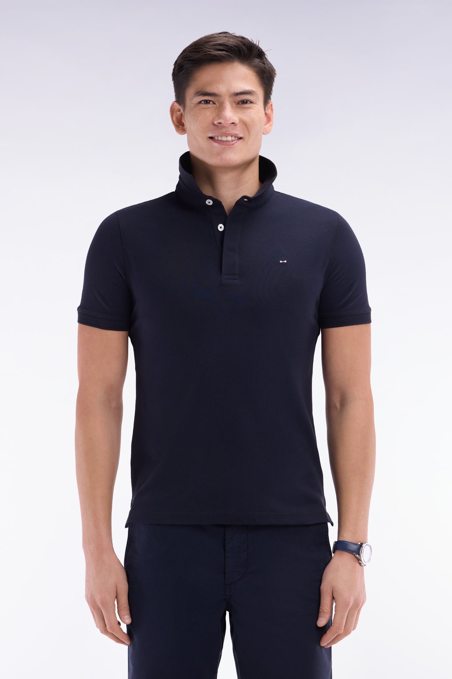 Slim-fit short-sleeved polo shirt in navy stretch cotton piqué