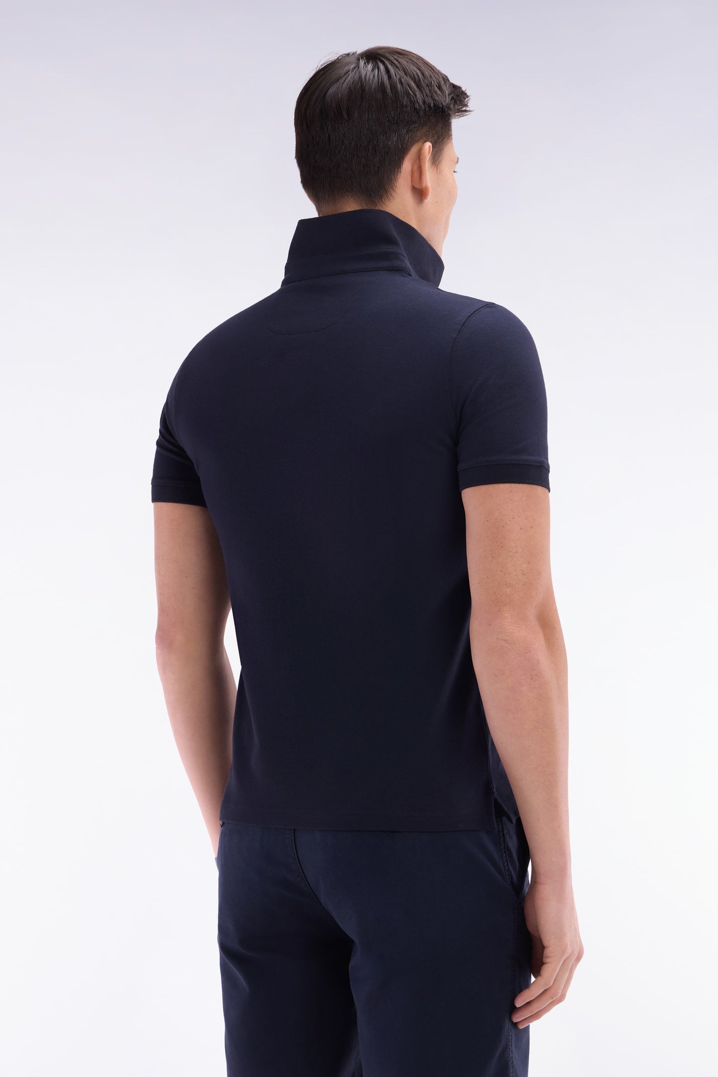 Slim-fit short-sleeved polo shirt in navy stretch cotton piqué