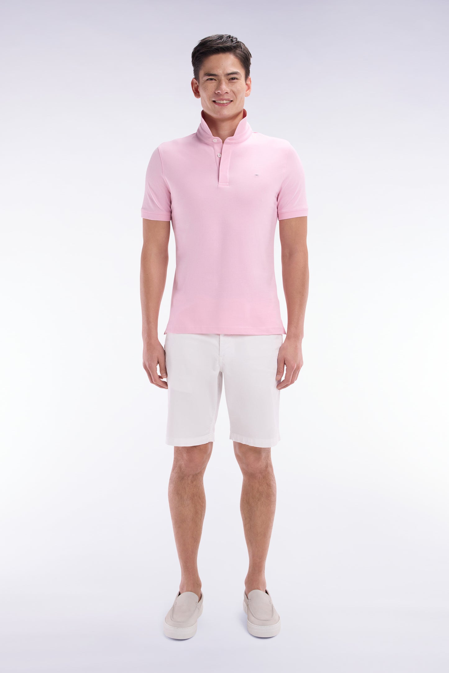 Slim-fit short-sleeved polo shirt in pink stretch cotton piqué