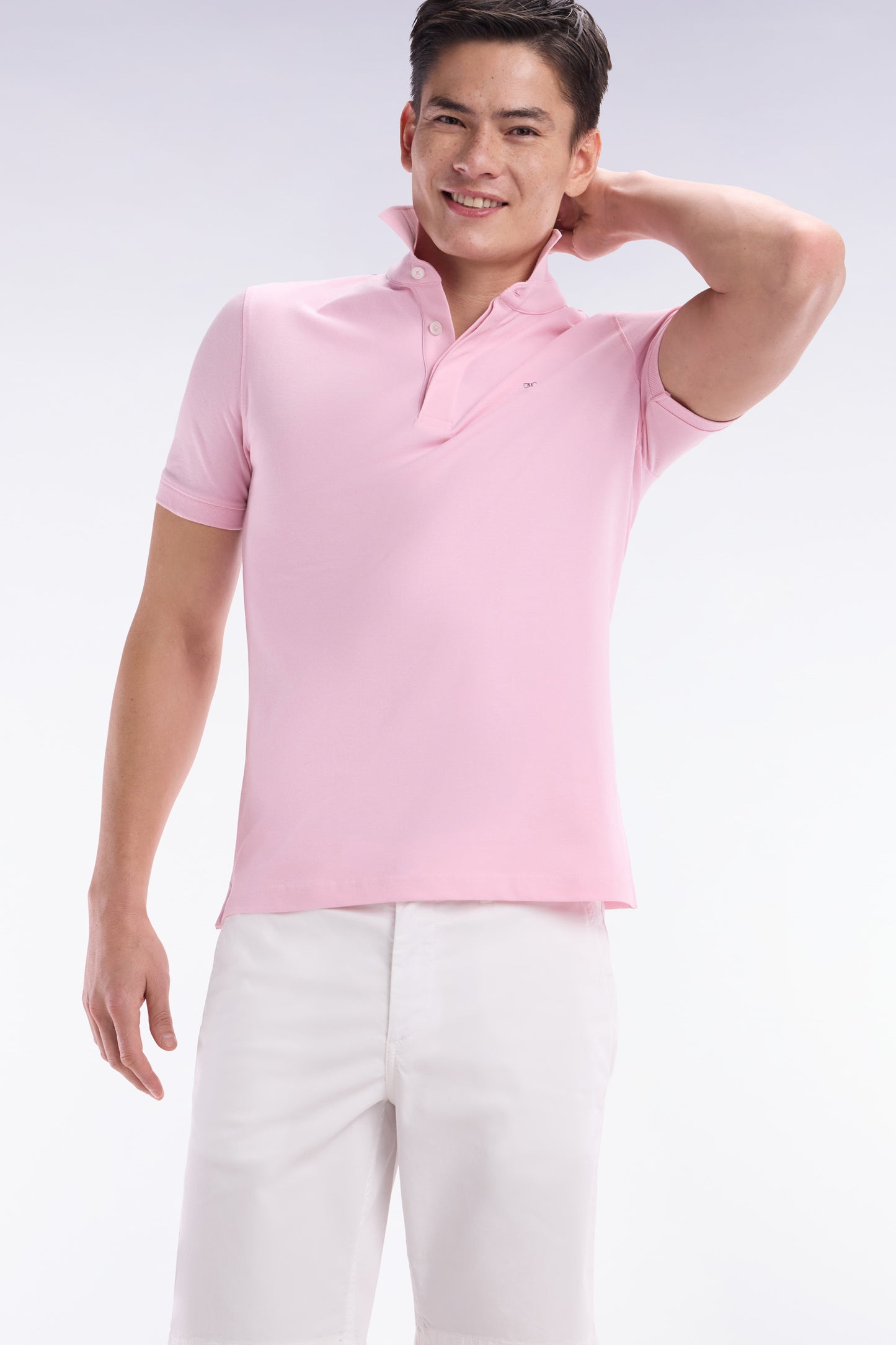 Slim-fit short-sleeved polo shirt in pink stretch cotton piqué