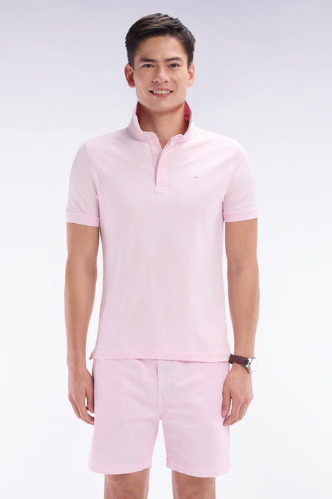 Slim-fit short-sleeved polo shirt in light pink stretch cotton piqué - Image 1