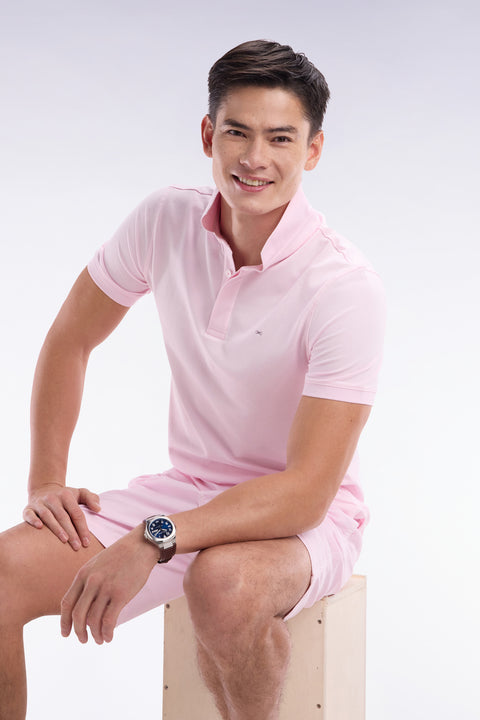 Slim-fit short-sleeved polo shirt in light pink stretch cotton piqué - Image 3
