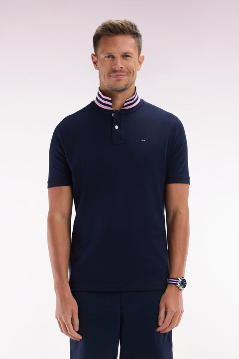 Straight-cut short-sleeved polo shirt in navy blue Pima cotton piqué with striped under collar - Image 1