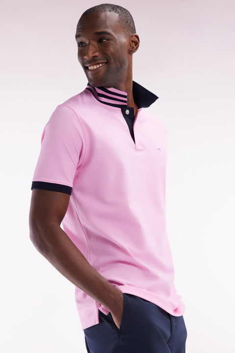 Straight-cut short-sleeved polo shirt in pink Pima cotton piqué with striped under collar - Image 3