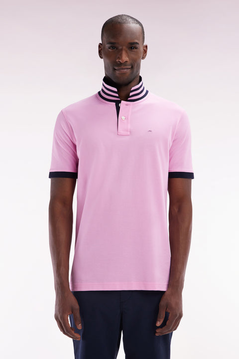 Straight-cut short-sleeved polo shirt in pink Pima cotton piqué with striped under collar - Image 1