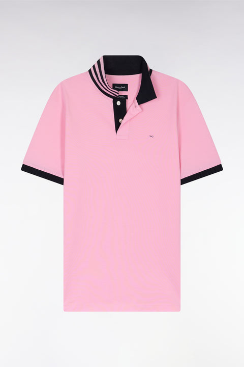 Straight-cut short-sleeved polo shirt in pink Pima cotton piqué with striped under collar - Image 2