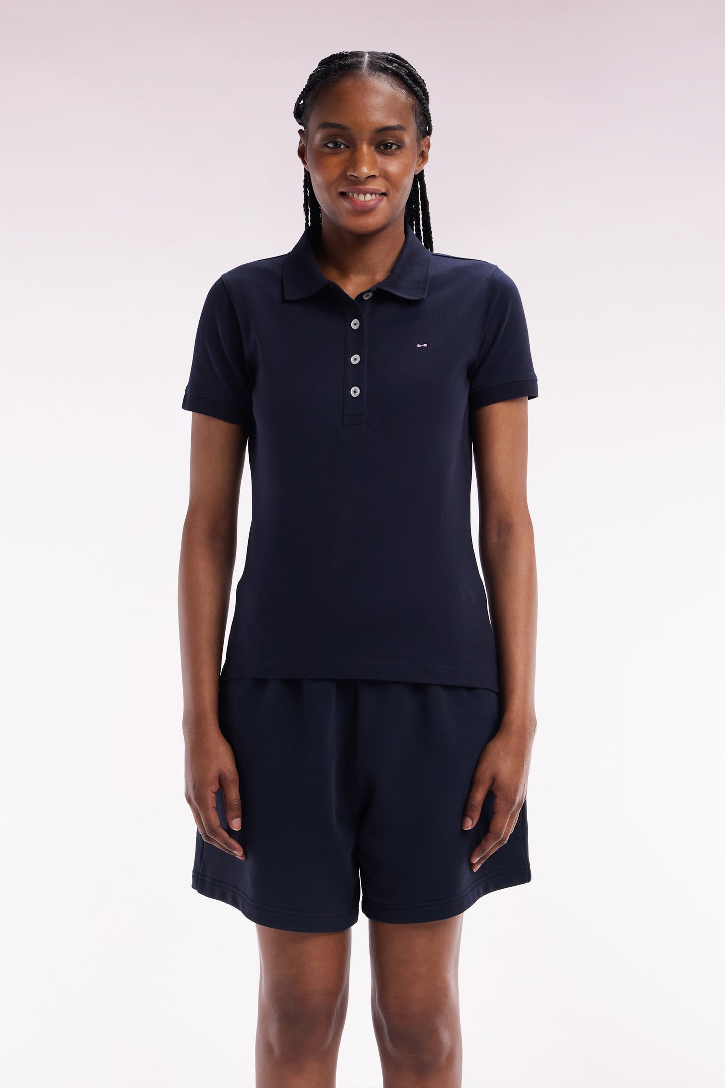 Slim-fit short-sleeved polo shirt in navy stretch cotton piqué