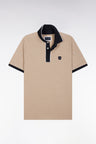 Slim-fit plain short-sleeved polo shirt in beige stretch cotton with contrasting piping