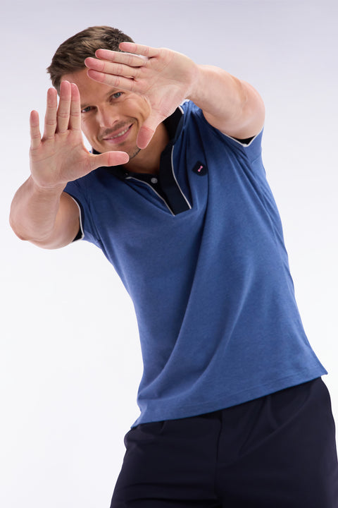 Slim-fit plain short-sleeved polo shirt in blue stretch cotton with contrasting piping - Image 3