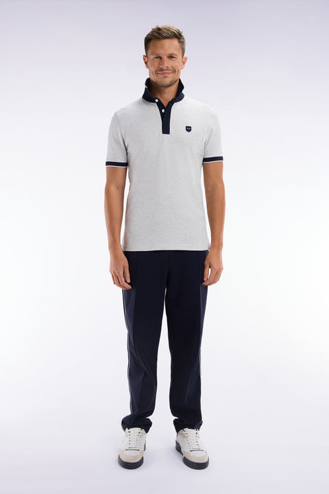 Slim-fit plain short-sleeved polo shirt in grey stretch cotton with contrasting piping - Image 1