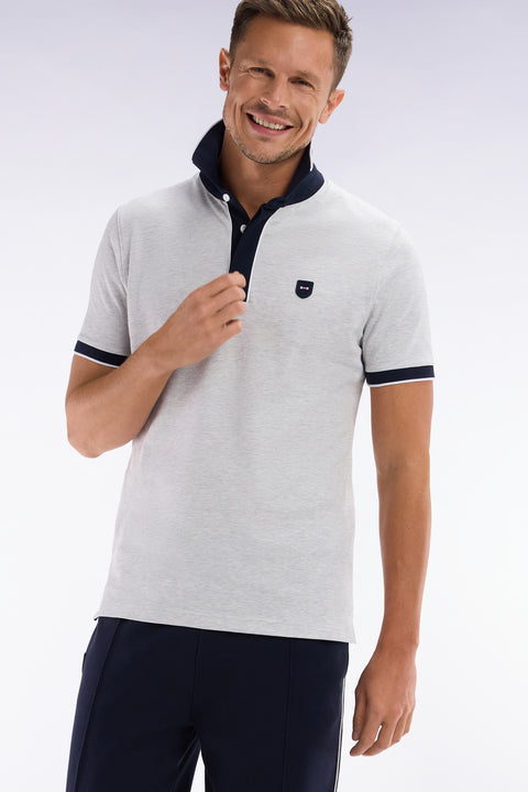 Slim-fit plain short-sleeved polo shirt in grey stretch cotton with contrasting piping - Image 3