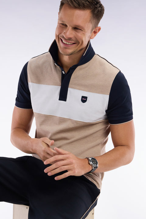 Polo à manches courtes en coton stretch beige bande contrastée coupe ajustée - Image 3