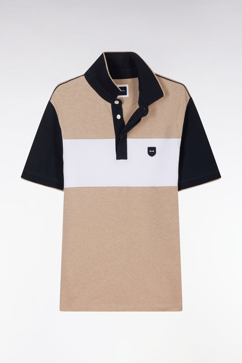 Polo à manches courtes en coton stretch beige bande contrastée coupe ajustée - Image 2