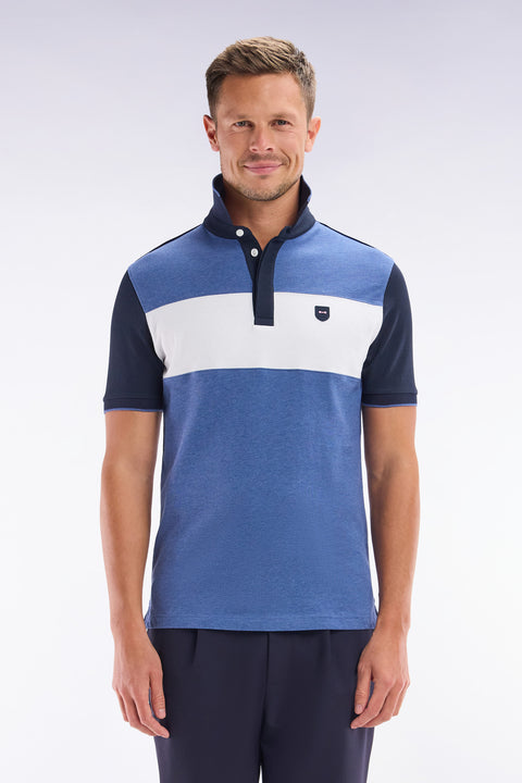 Polo à manches courtes en coton stretch bleu bande contrastée coupe ajustée - Image 1
