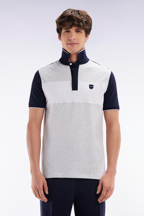 Polo à manches courtes en coton stretch gris bande contrastée coupe ajustée - Image 1