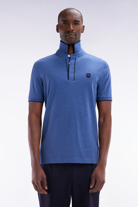 Slim-fit short-sleeved polo shirt in dark blue stretch cotton piqué - Image 1