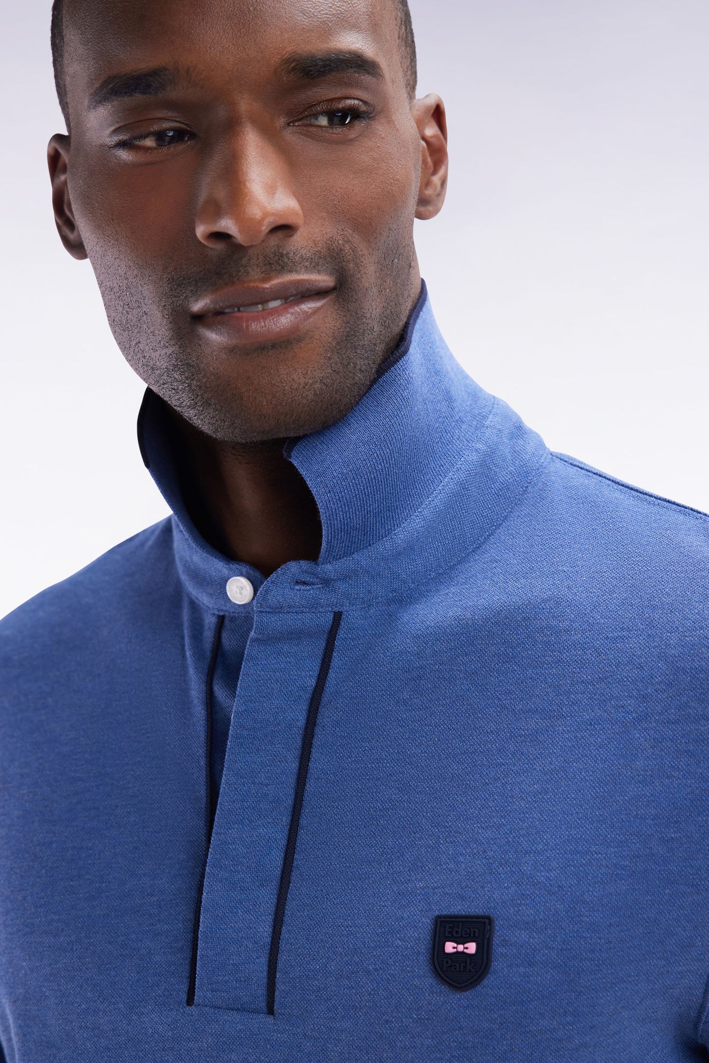 Slim-fit short-sleeved polo shirt in dark blue stretch cotton piqué