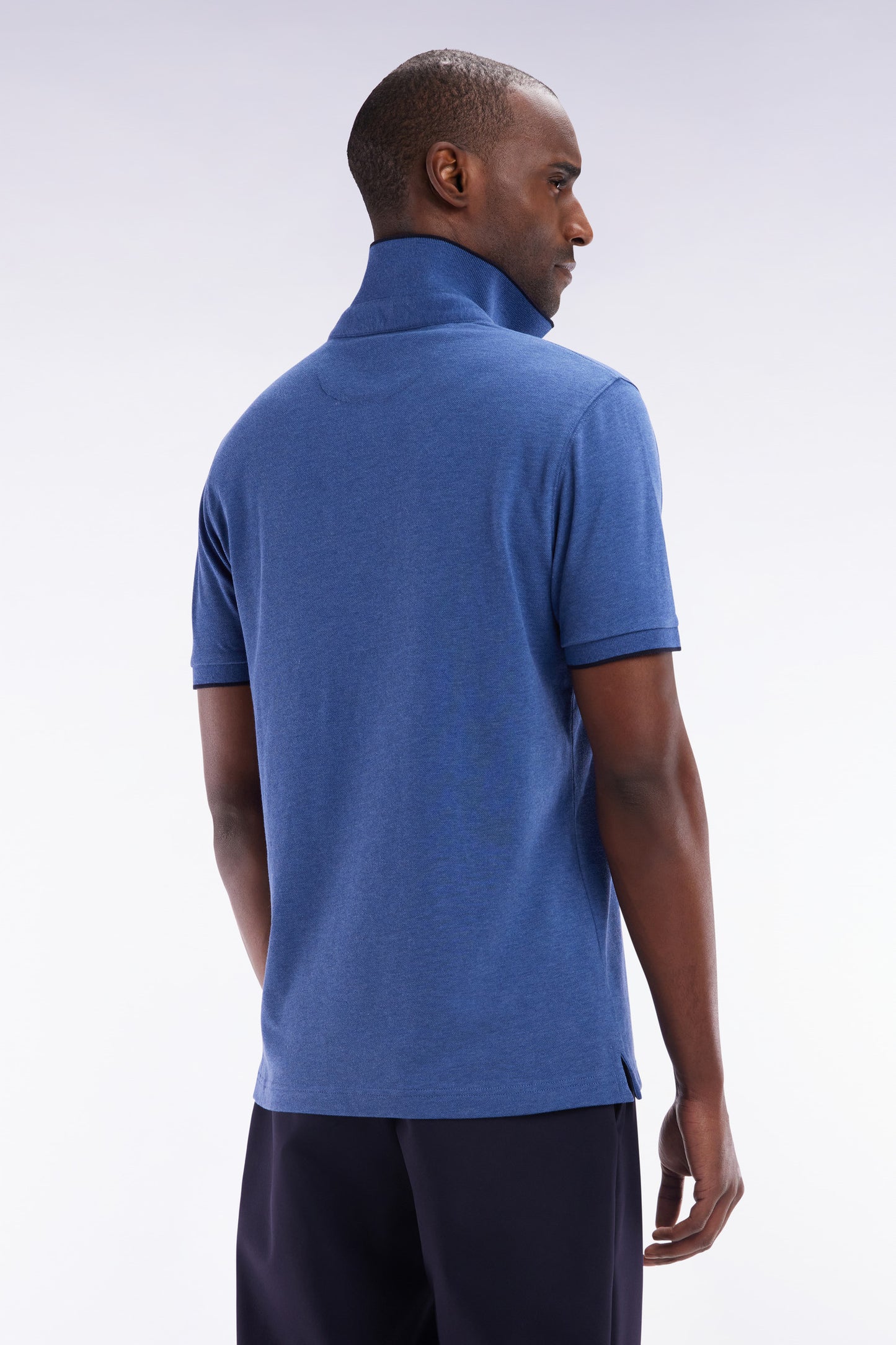 Slim-fit short-sleeved polo shirt in dark blue stretch cotton piqué