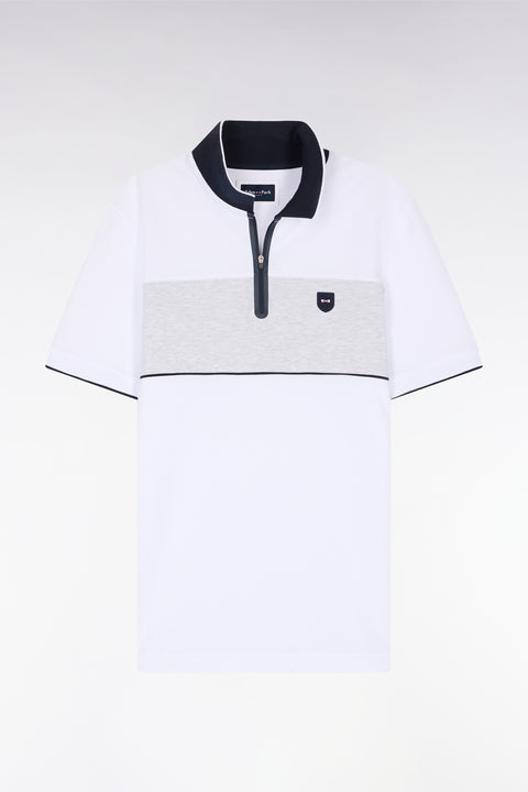 Slim-fit short-sleeved polo shirt in white stretch mottled cotton piqué with contrasting accents - Image 2