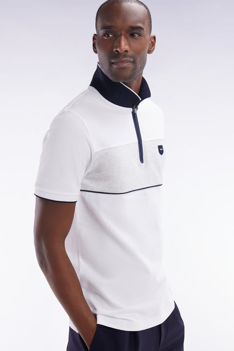 Slim-fit short-sleeved polo shirt in white stretch mottled cotton piqué with contrasting accents - Image 3