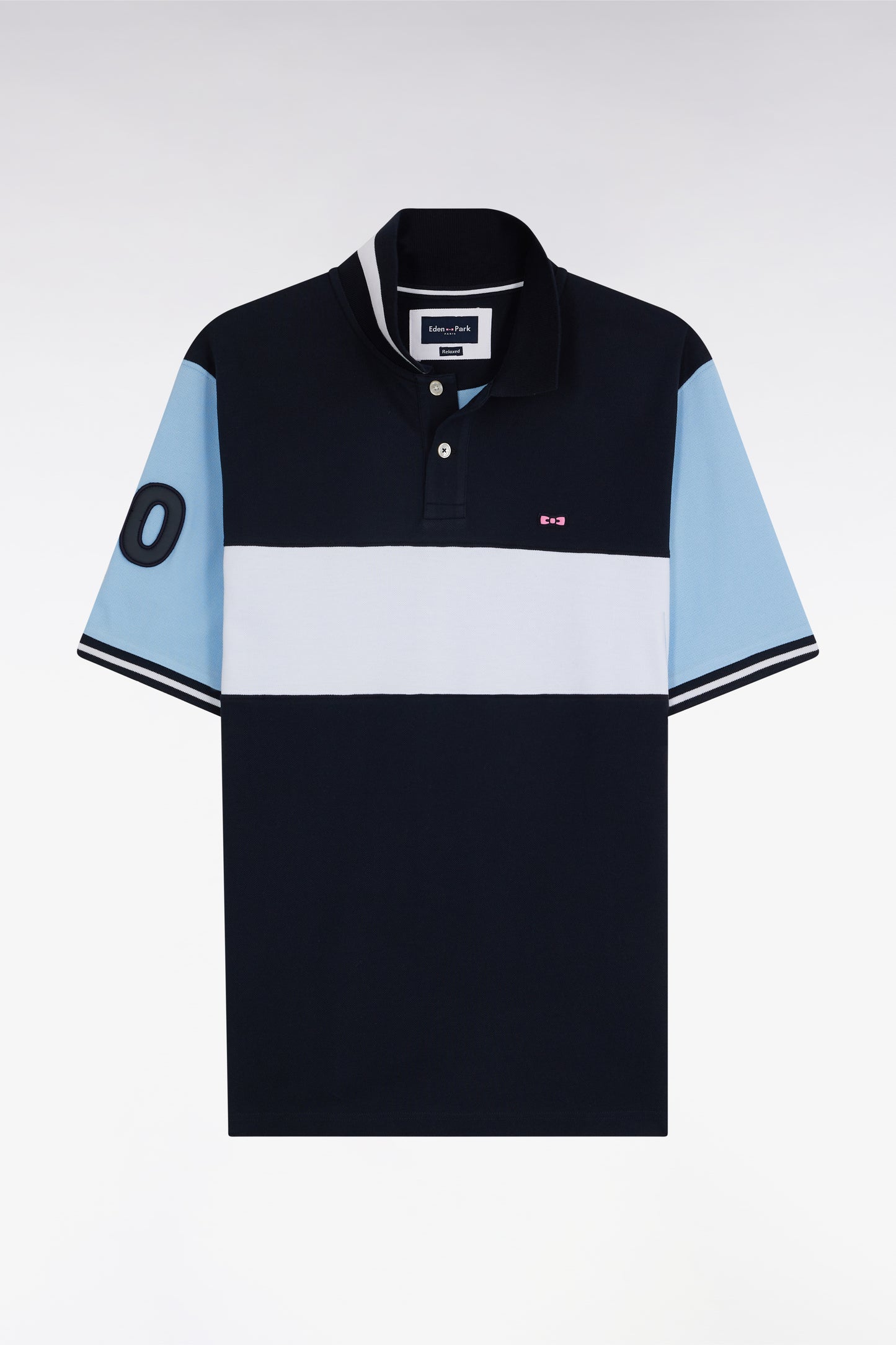Relaxed-fit short-sleeved navy cotton piqué polo shirt with contrasting stripe