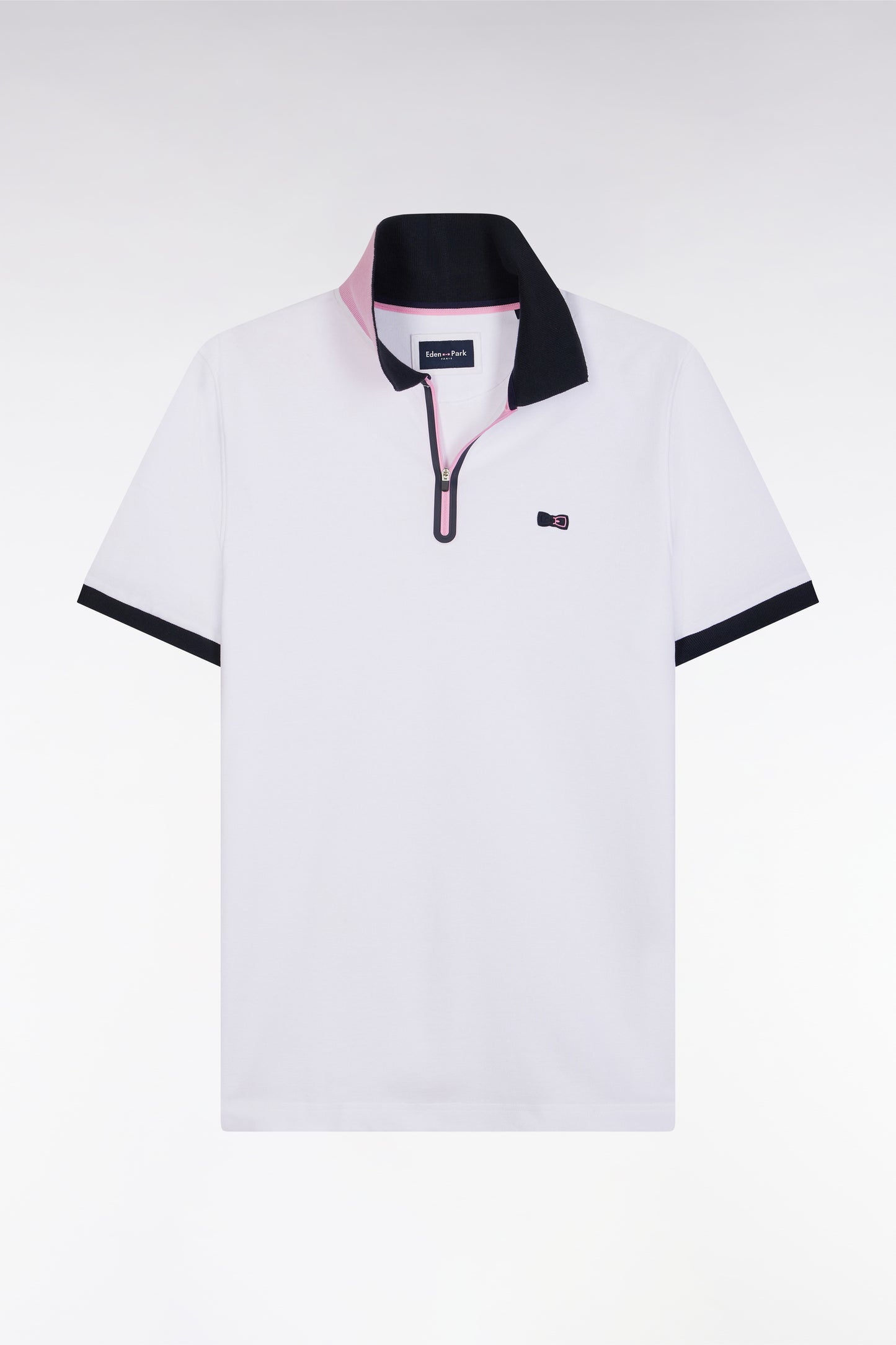 Slim-fit short-sleeved zip-up polo shirt in white stretch cotton
