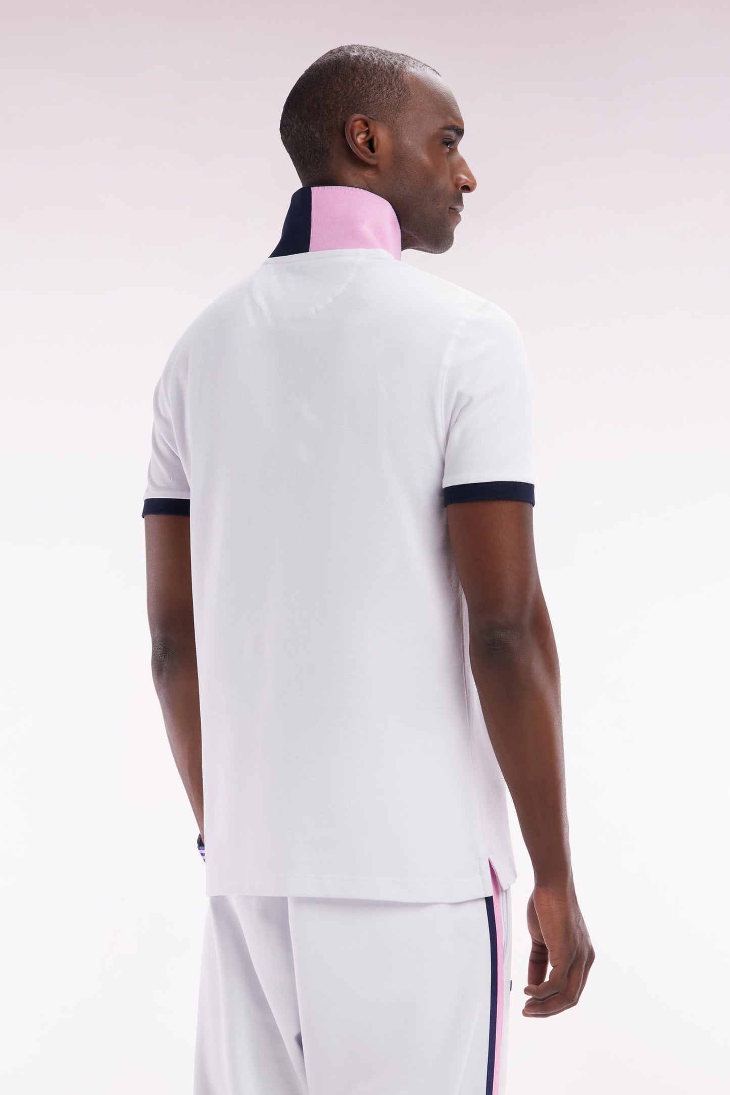 Slim-fit short-sleeved zip-up polo shirt in white stretch cotton