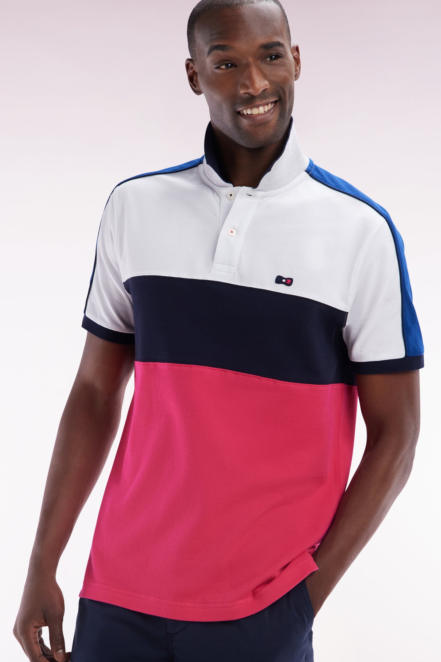 Straight-fit short-sleeved polo shirt in navy white and fuchsia tricolor cotton