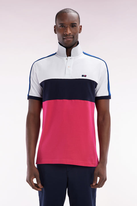 Straight-fit short-sleeved polo shirt in navy white and fuchsia tricolor cotton - Image 1