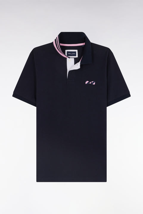 Polo à manches courtes en coton marine dessous de col cerclé coupe droite - Image 2