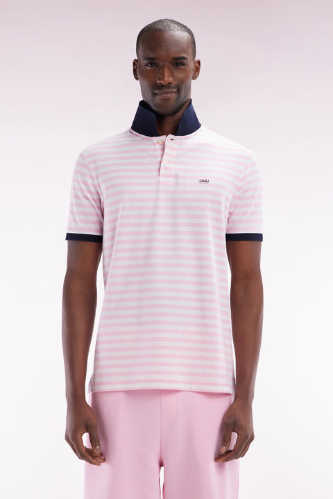 Slim-fit short-sleeved sailor polo shirt in pink striped stretch cotton - Image 1