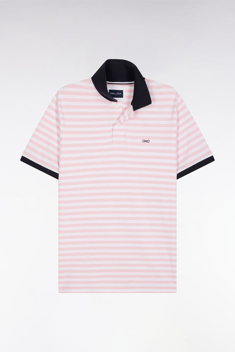 Slim-fit short-sleeved sailor polo shirt in pink striped stretch cotton - Image 2
