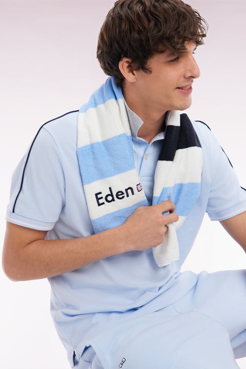 Relaxed-fit plain short-sleeved polo shirt in sky blue cotton with Eden Park lettering - Image 3