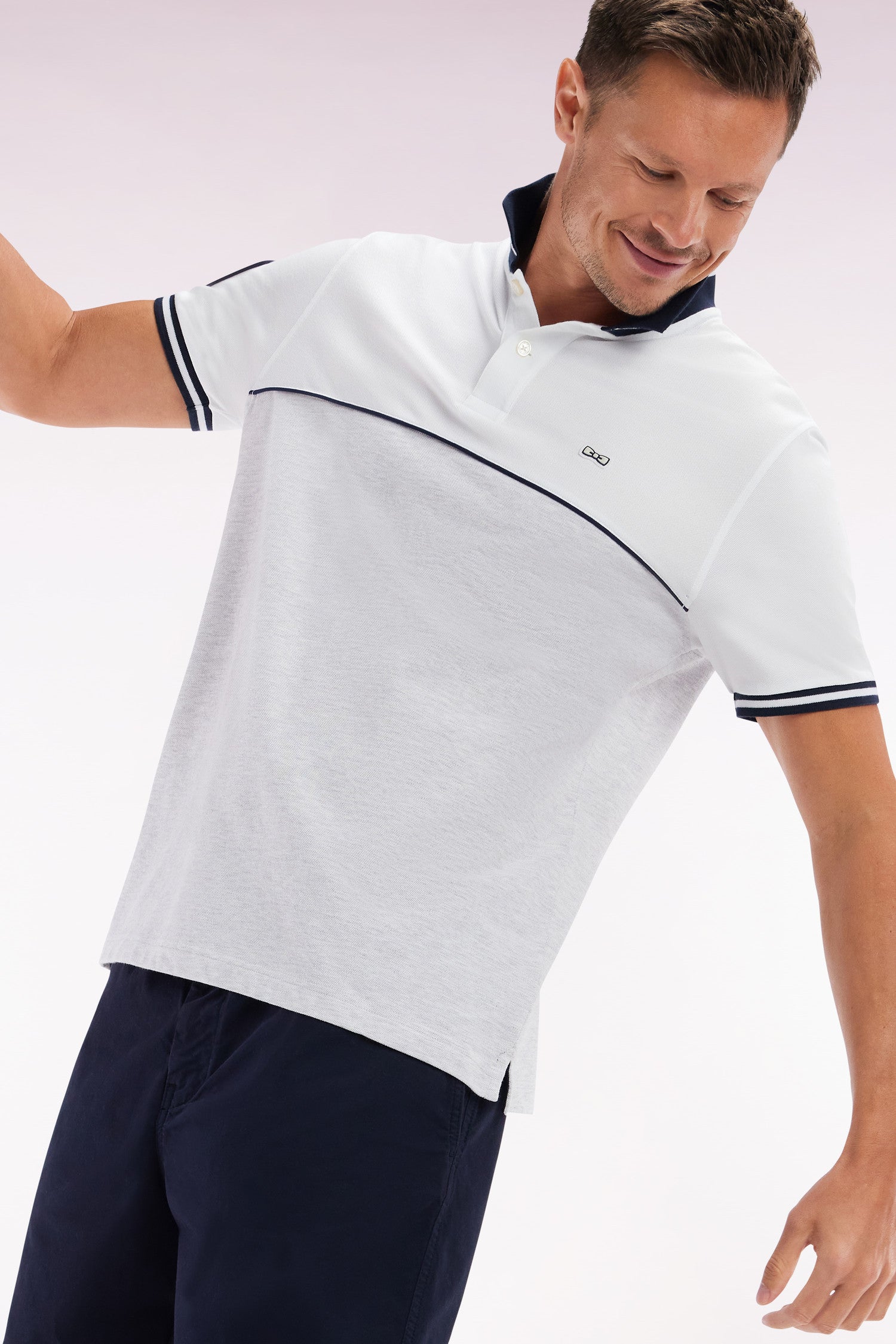 Polo à manches courtes bicolore en coton gris et blanc coupe décontractée