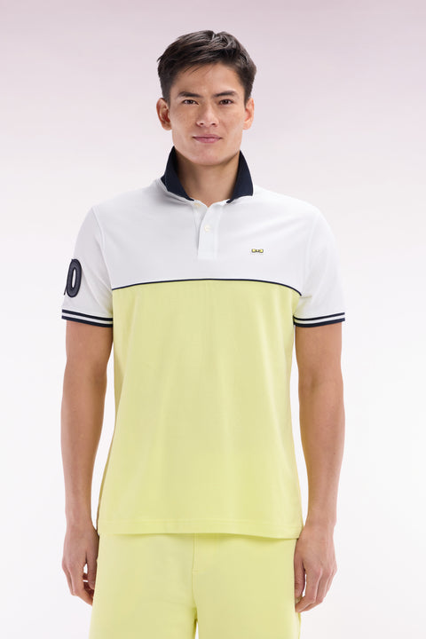 Relaxed-fit two-tone short-sleeved polo shirt in yellow and white cotton - Image 1