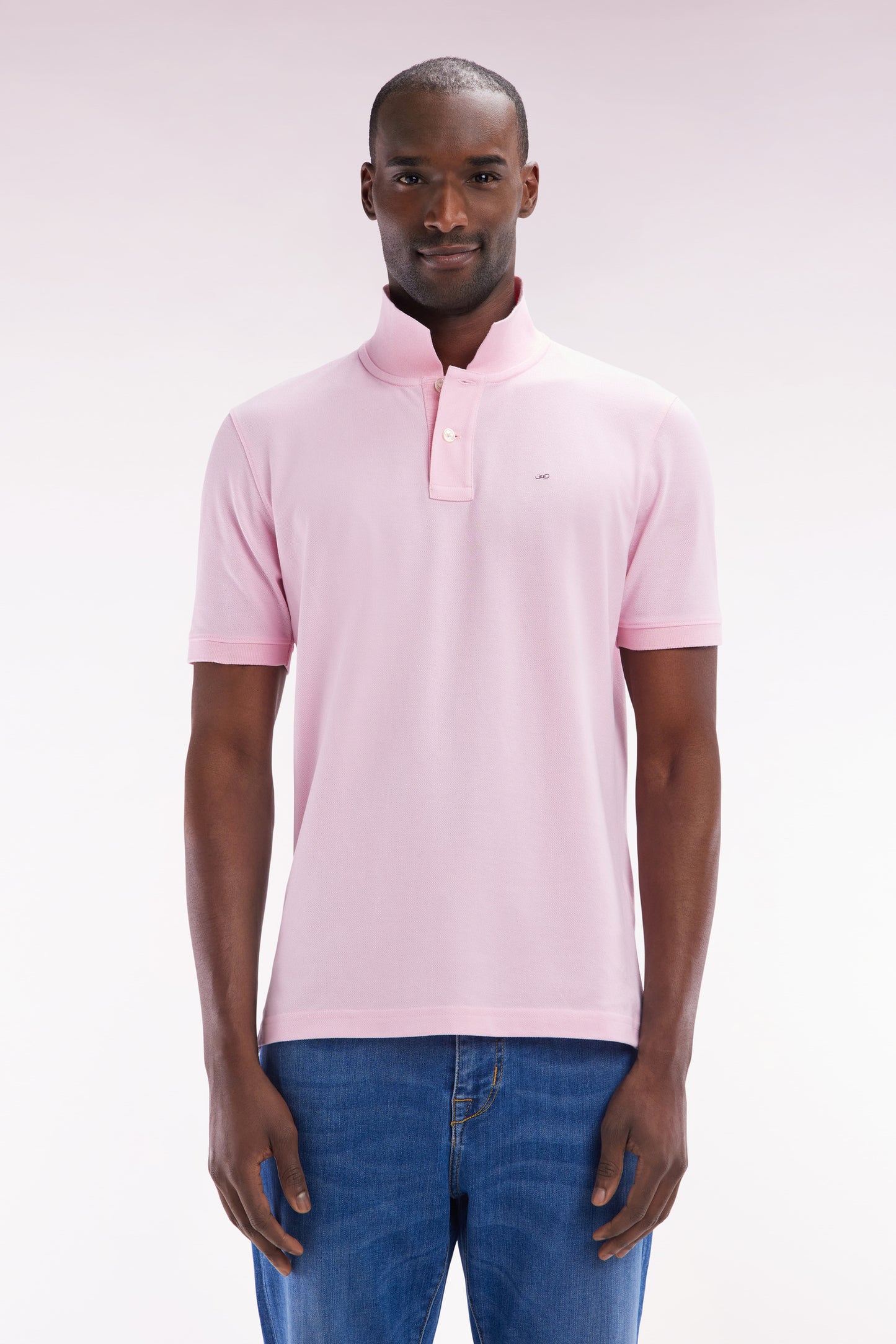 Straight-fit short-sleeved polo shirt in light pink Pima cotton