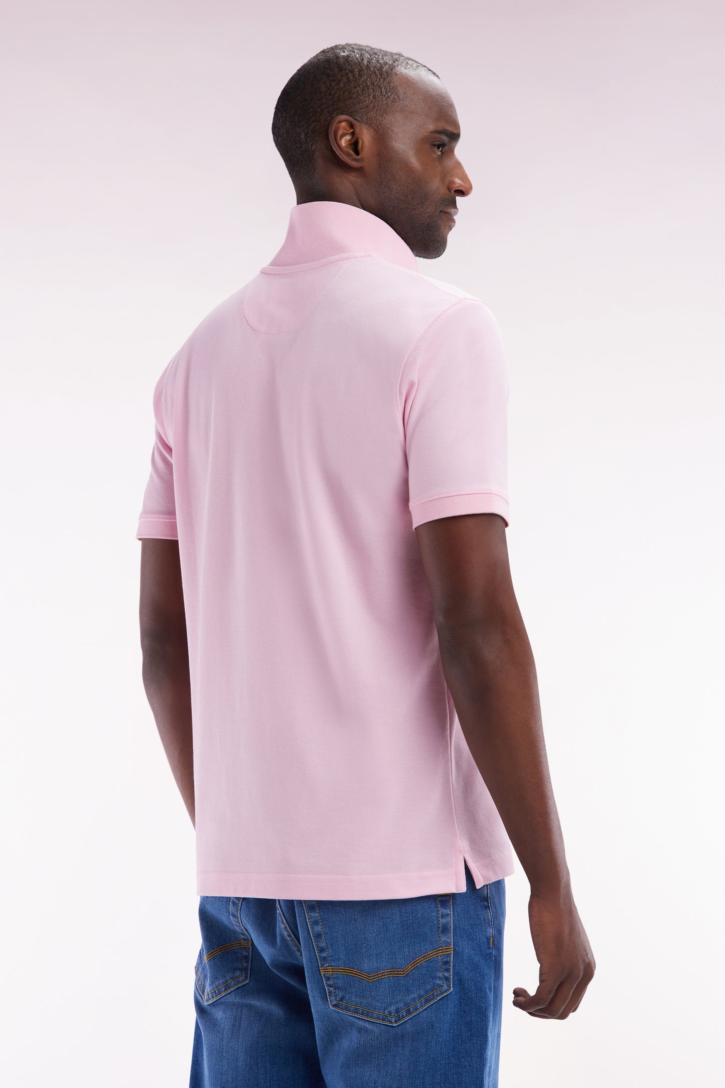 Straight-fit short-sleeved polo shirt in light pink Pima cotton