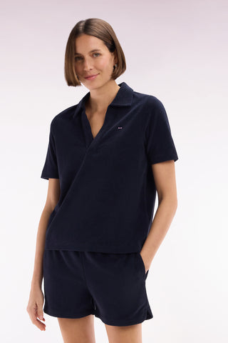 Short-sleeved polo shirt in navy cotton blend