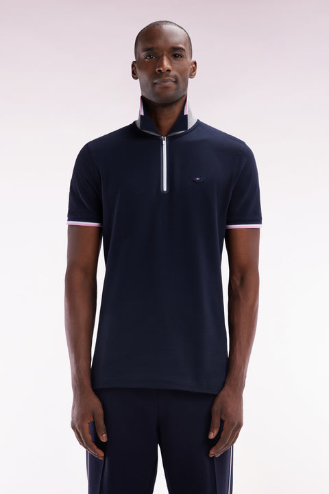 Slim-fit short-sleeved polo shirt in navy stretch cotton with zipped collar - Image 1