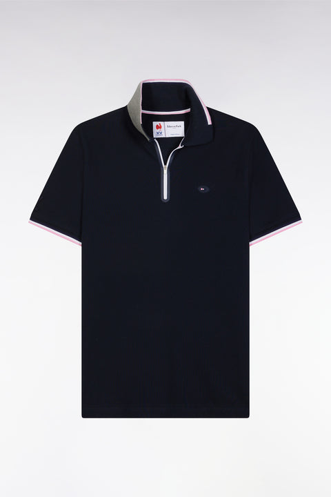 Slim-fit short-sleeved polo shirt in navy stretch cotton with zipped collar - Image 2