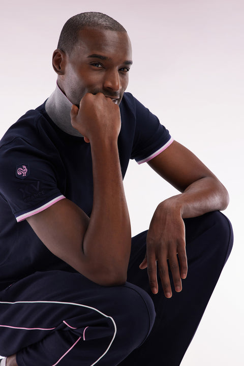 Slim-fit short-sleeved polo shirt in navy stretch cotton with zipped collar - Image 3