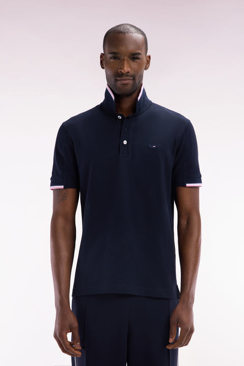 Straight-cut short-sleeved polo shirt in navy cotton with two-tone ribbed edges - Image 1