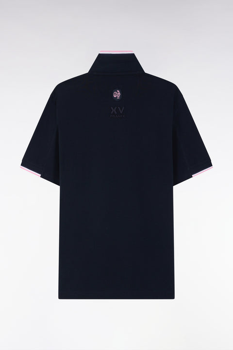 Straight-cut short-sleeved polo shirt in navy cotton with two-tone ribbed edges - Image 2